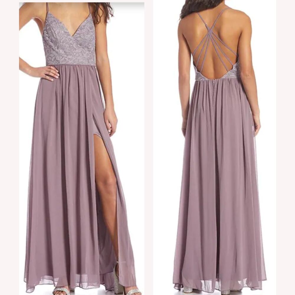 CITY STUDIO SZ 15 Lavender Lace Bodice Cage Back High Slit Maxi Dress B75 *flaws
